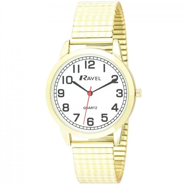 Ravel Mens Bold Number White Dial Gold Expander Bracelet Watch R0232.12.1