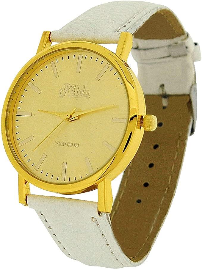 Relda Women Analogue Jumbo Goldtone Dial & Leather White Strap Buckle REL63
