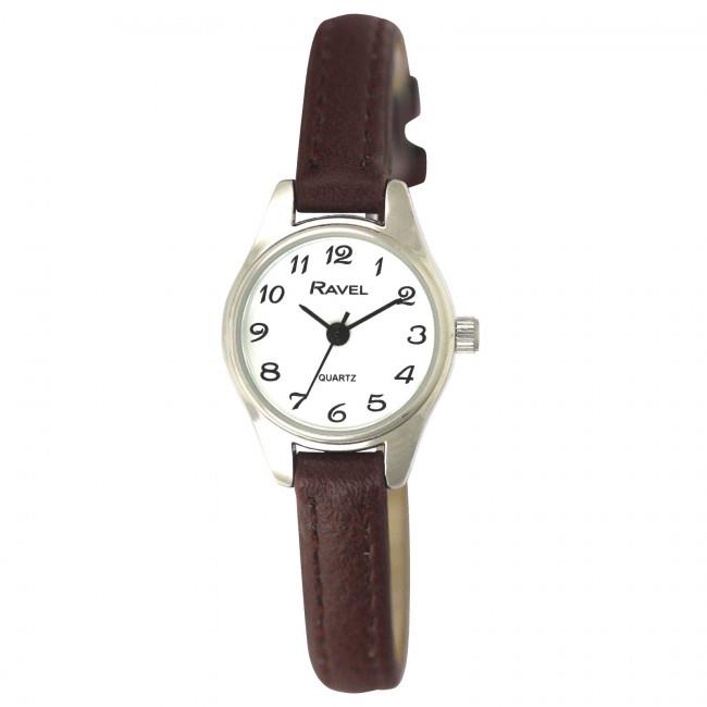 Ravel Ladies Polished Round Petite Gilt Case Brown Strap Watch R0124.14.2