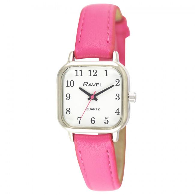 Ravel Ladies Cushion Shaped Brights Leather Strap Watch  Bright Pink