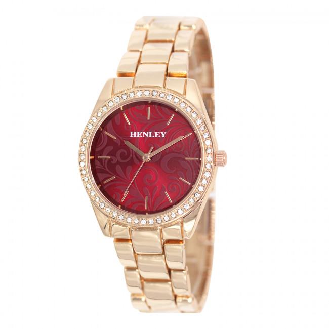 Henley Ladies Bling Etched Patterned Red Dial & RoseGold Bracelet Watch H07326.40