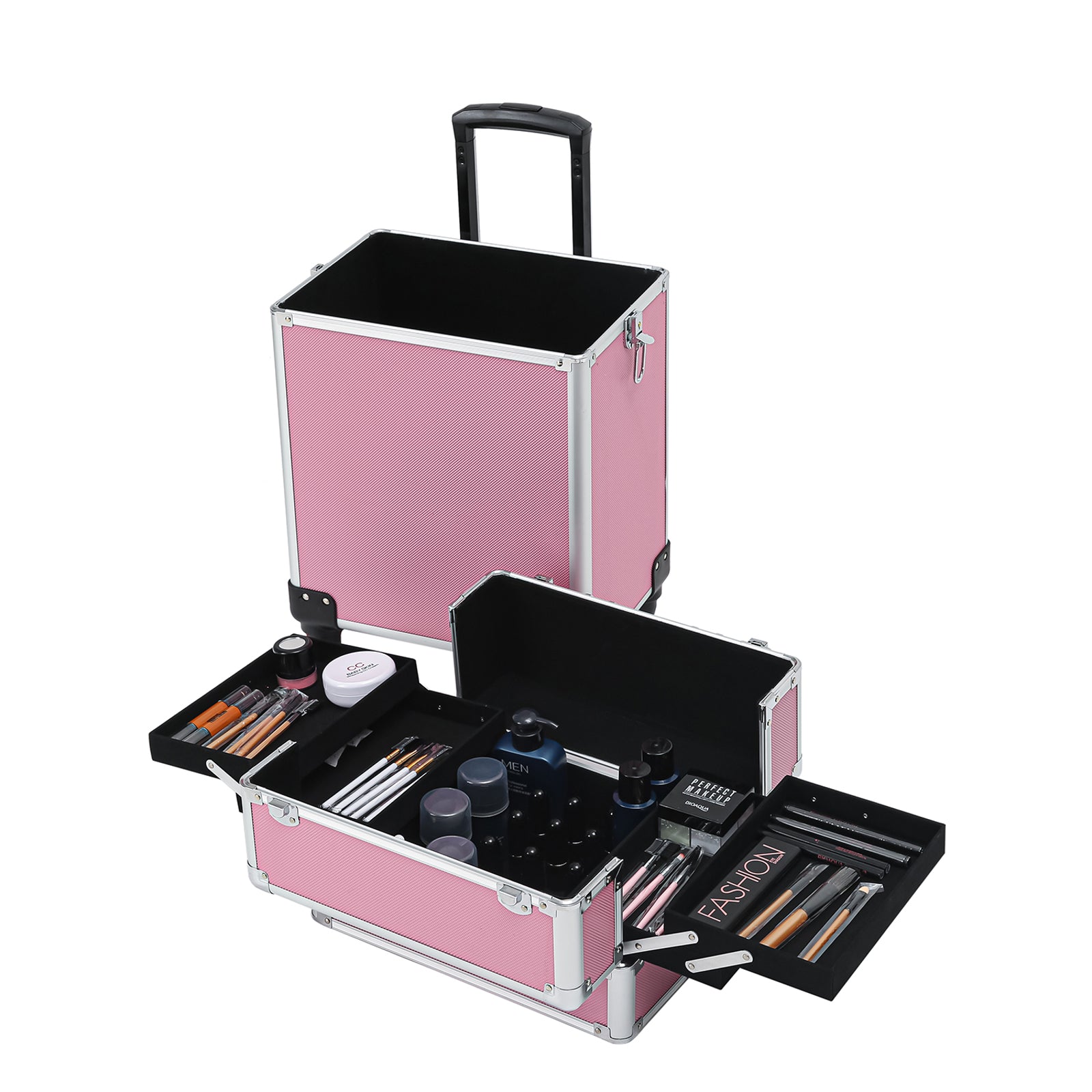 4-in-1 Draw-bar Style Interchangeable Aluminum Rolling Makeup Case Pink