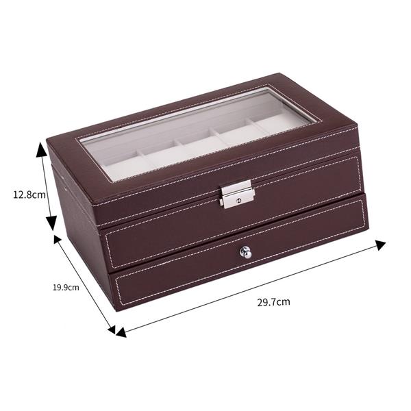 12 Slots Watch Box Mens Watch Organizer Lockable Jewelry Display Case with Real Glass Top Faux Leather Brow
