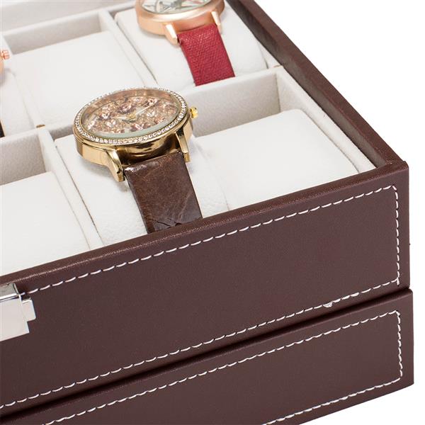 12 Slots Watch Box Mens Watch Organizer Lockable Jewelry Display Case with Real Glass Top Faux Leather Brow