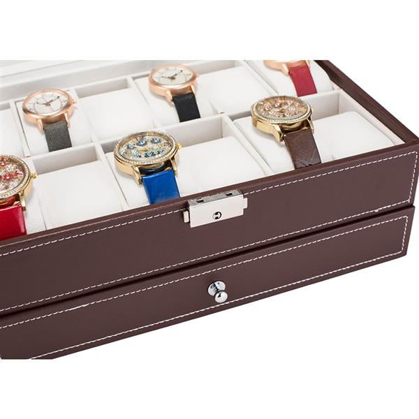 12 Slots Watch Box Mens Watch Organizer Lockable Jewelry Display Case with Real Glass Top Faux Leather Brow