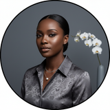 Circular portrait of Amara Okafor, a Black woman, smiling confidently against a slate gray background.