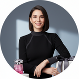Circular portrait of Alessia Rossi, a woman with a confident expression, looking forward. She is elegantly dressed, with a ch