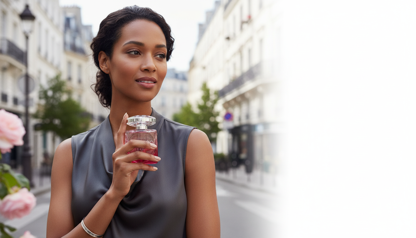 Close-up of a hand holding a pink Jimmy Choo Blossom Eau de Parfum bottle in an urban garden setting.