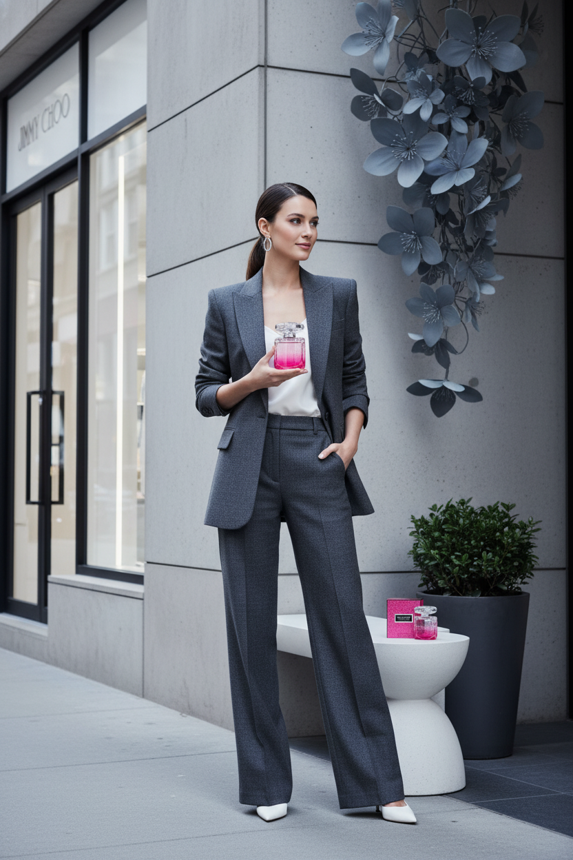 A model in elegant attire subtly holding the Jimmy Choo Blossom Eau de Parfum Spray 100ml in a chic, minimalist urban setting