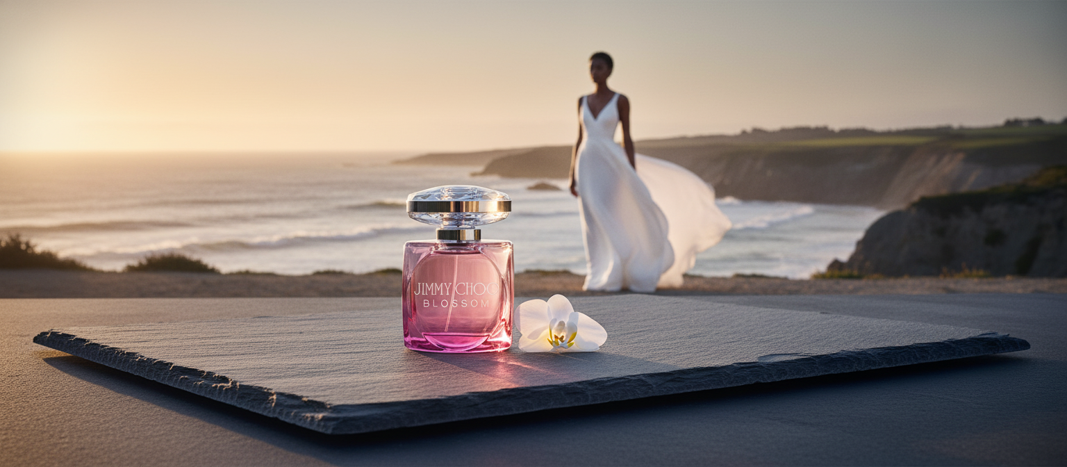 Jimmy Choo Blossom Eau de Parfum bottle on a slate gray surface, with a diverse model in a white gown and a coastal sunset in